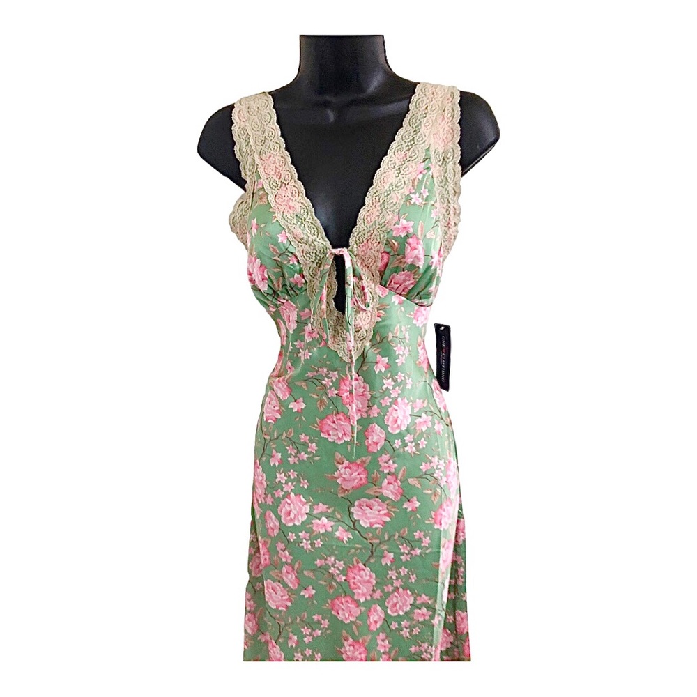 Green pink roses lace trim v-neck vintage negligee style slip dress size medium